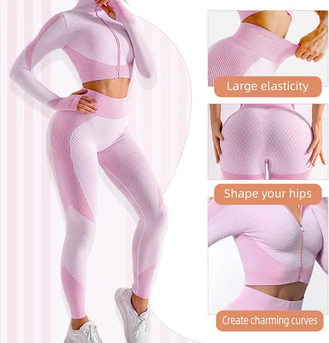 Vista 4 de SINBRLAI Conjunto de 3 piezas de entrenamiento sin costuras para mujer leggings deportivos de yoga y brasier deportivo elástico