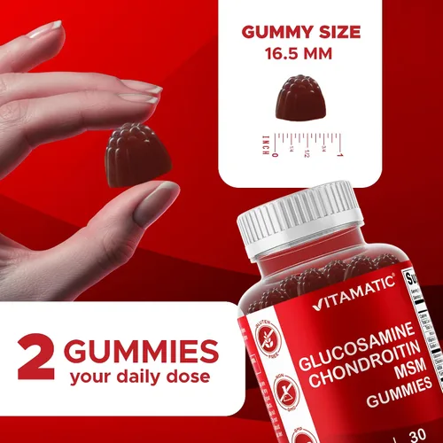 Vista 3 de Condroitina de glucosamina vitamática con MSM y vitamina E - 60 gomitas Sabor natural de frambuesa, fórmula de apoyo articular*, a base