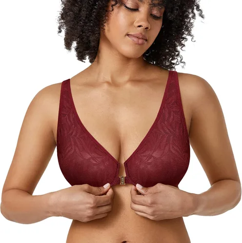 Vista 4 de AISILIN Sujetadores con cierre frontal para mujer, talla grande, sin forro, encaje suave, con aros