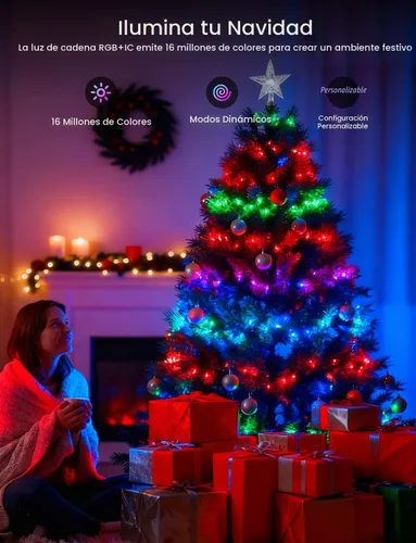 Vista 9 de Cadena de luces inteligentes RGB+IC con 200 LED, luces de Navidad para interiores que cambian de color, control por APP y control remoto, 84