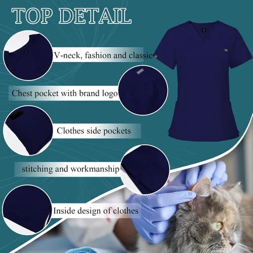 Vista 3 de VIAOLI Conjunto de ropa quirúrgica para mujer, camiseta y pantalón deportivo, ropa de trabajo, clínica, moderna, uniforme médico (10 bolsillos)