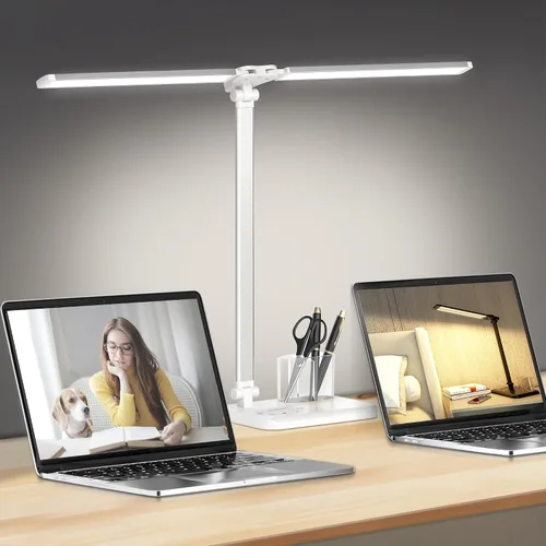 Vista 8 de CHARYJOD Lámpara de escritorio LED retráctil regulable con puerto de carga USB, 50 modos de iluminación, brazo doble oscilante, arquitecto, lámpara