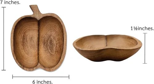 Vista 2 de Cuenco de madera tallada de 7 pulgadas de largo con forma de fruta de manzana marrón – Vajilla de madera coleccionable funcional hecha a mano