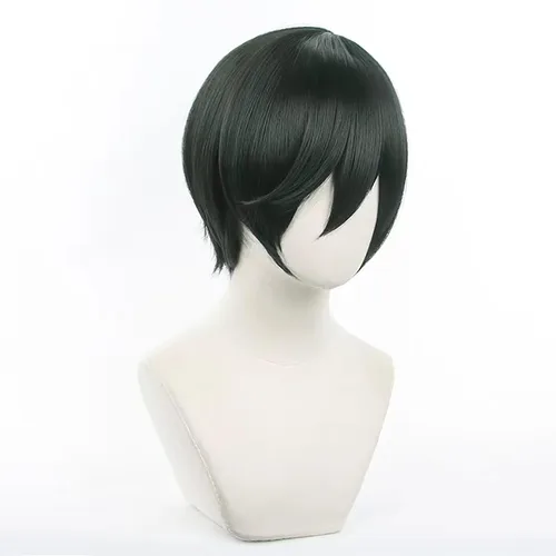 Vista 3 de Pelucas de anime verde oscuro para hombre, peluca corta y recta con flequillo para mujer, peluca COS para Halloween, Navidad, cómic, transmisión