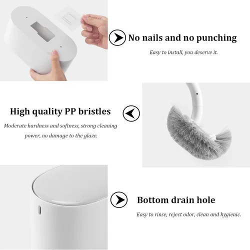 Vista 5 de Escobilla de inodoro y soporte con juego de tapa, diseño curvado en ángulo, cerdas duraderas para limpieza de baño