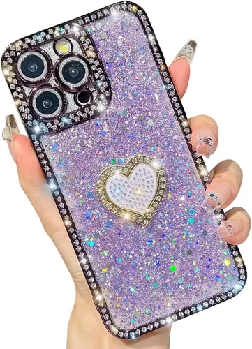 Vista 13 de Bling Glitter Heart compatible con iPhone 13 Pro de 6.1 pulgadas, bonito protector de cámara completo brillante para mujer, funda de teléfono Oro