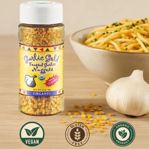 Vista 4 de Garlic Gold Nuggets tostados, condimento crujiente de ajo tostado, certificado por USDA, orgánico para ensalada, apto para dieta keto paleo