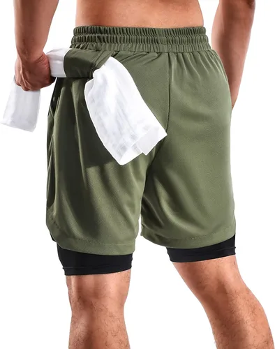 Vista 2 de Pantalones cortos 2 en 1 para hombre, 2 unidades, pantalones cortos de gimnasio para correr para hombre de 7 pulgadas, pantalones cortos