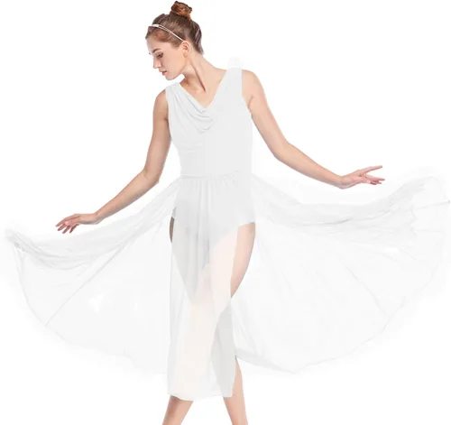 Vista 2 de PAOTIT Vestido de baile lírico de tul sin espalda, vestido de ballet moderno, falda larga de encaje dividida