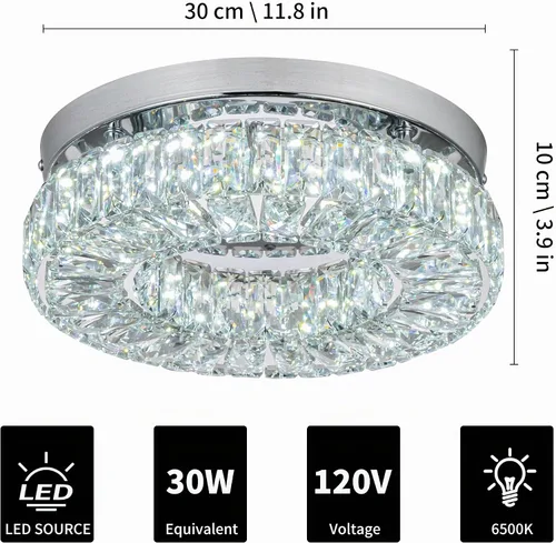 Vista 6 de Lámpara de Araña LED de Cristal de 11.8", Luminaria de Techo de Montaje al Ras, Lámparas de Araña Modernas para Dormitorios, Comedor, Pasillo, 6500K