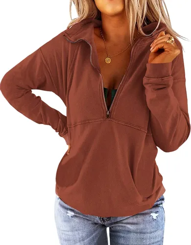 Vista 23 de Floral Find Women's Long Sleeve Lapel Half Zip Up Sweatshirt Solid Stylish Loose Fit Casual Pullover Tops B-Azul marino