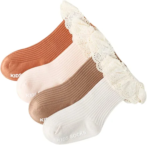 Vista 3 de Calcetines largos de uniforme para bebés y niñas calcetines de encaje con volantes para bebés y niñas calcetines altos de algodón