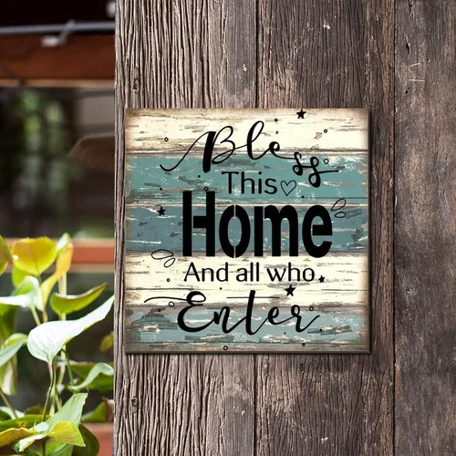 Vista 4 de SILYHEART Bless This Home and All Who Enter Wood Framed Sign Wood Wall Art Rustic Family Phrase Home Family Wall Decoration for Home Front Door