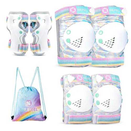 Vista 12 de Rodilleras de arcoíris y unicornio para niños, coderas, muñequeras con bolsa de cordón, juego de equipo de protección ajustable para niñas, patinaje