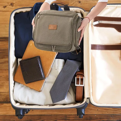 Vista 5 de Neceser de lona colgante organizador de maquillaje con gancho de metal resistente, kit de afeitado de viaje, bolsa de cosméticos portátil a granel