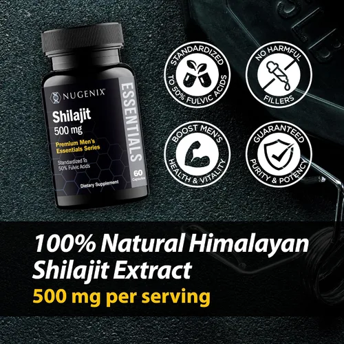 Vista 3 de Nugenix Essentials Shilajit Cápsulas Suplemento para hombres y mujeres - 500 mg, estandarizado al 50% de ácidos fúlvicos, Himalaya, 60 cápsulas