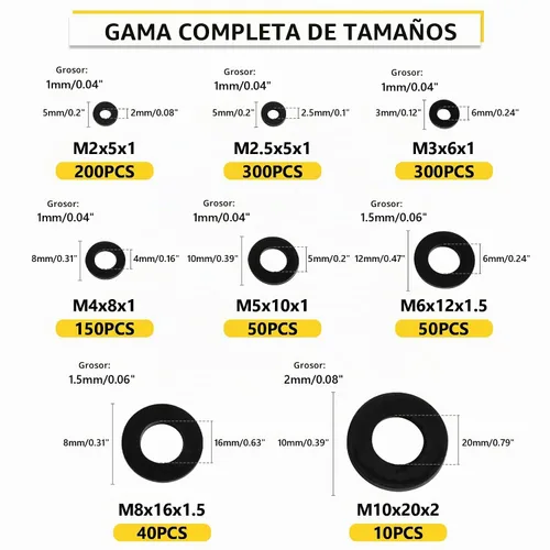 Vista 4 de 1200 arandelas planas de nailon para tornillos, arandelas de plástico negro, M2 M2.5 M3 M4 M5 M6 M8 M10 para uso doméstico y comercial