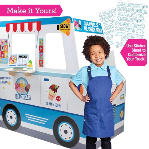 Vista 4 de Juego de camión de helados de madera - 20 piezas de juguetes divertidos incluyendo congelador, volante, fregadero y lámina de pegatinas para niños
