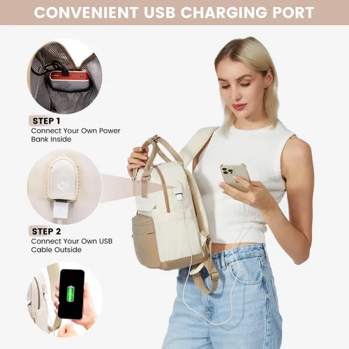 Vista 4 de LOVEVOOK Mini mochila para mujeres y niñas, mochila pequeña con puerto USB, linda mochila de moda para el trabajo, viajes y la escuela, caqui