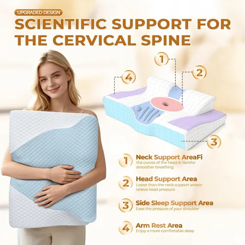 Vista 5 de Almohada cervical para el cuello para aliviar el dolor para el cuello, almohada ergonómica para dormir de lado, almohada de apnea del sueño Azul