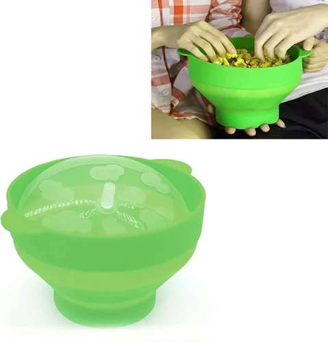 Vista 8 de Cuenco plegable de silicona para palomitas de maíz para microondas con tapa, grado alimenticio, verde, 9.4 x 7.9 x 5.7 pulgadas