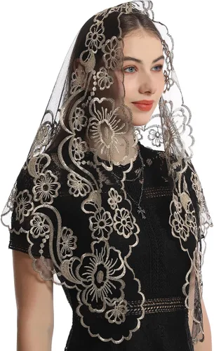 Vista 3 de Bozidol Cubierta triangular para cabeza de iglesia - Velo bordado Madonna Camellia Capilla Veil para mujer