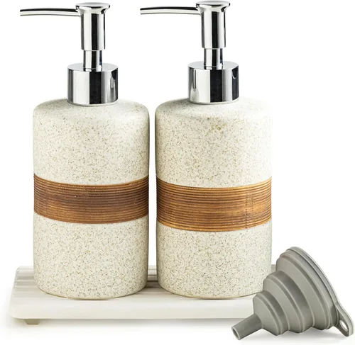 Vista 12 de Juego de dispensador de jabón de cerámica con embudo de silicona, jabón de manos, champú, gel de baño, dispensador de loción para cocina y baño