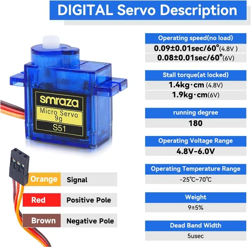 Vista 4 de Smraza 4 piezas SG90 9G Micro Servo Kit (engranaje metálico) para proyectos Arduino, robot RC, brazo de robot, helicóptero, control de avión, coche
