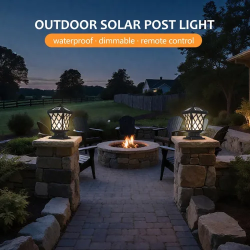 Vista 2 de Lámpara LED solar para poste con tapa de poste, luces de pilar regulables para exteriores, IP65, impermeable, luz de poste negra, luz de columna