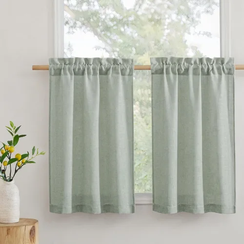 Vista 36 de RYB HOME - Cortinas de café de 24 pulgadas de largo, cortinas cortas de lino traslúcidas para ventana pequeña, cortina de media privacidad con Angora