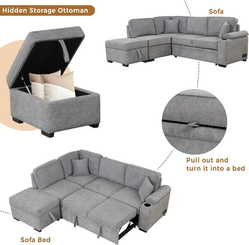 Vista 5 de Merax Sofá cama de 87.4 pulgadas, sofá cama extraíble 2 en 1, sofá cama en forma de L con otomana de almacenamiento para sala de estar, sofá