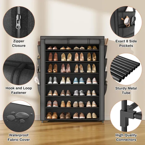 Vista 5 de VTRIN Zapatero con tapa, organizador de zapatos de 7 niveles para 35-40 pares de zapatos y botas, estante alto de gran capacidad con 8 bolsillos