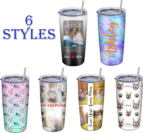 Vista 3 de Vaso personalizado con nombres de imagen, tapa y pajita, taza de café personalizada de 20 onzas, vasos aislados personalizados de acero inoxidable