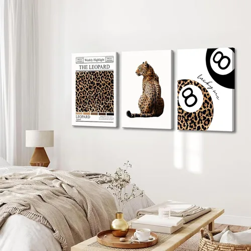 Vista 5 de Conjunto de 3 modernos pósteres de pared de leopardo en lona con bola de la suerte número 8, arte de pared elegante, decoraciones de pared