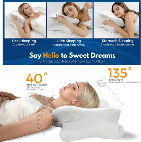Vista 5 de Almohada cervical para dormir, almohada para dormir de lado para aliviar el dolor de cuello, almohadas de espuma viscoelástica, altura ajustable