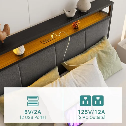 Vista 5 de Base de cama de tamaño matrimonial con estantes de almacenamiento, cabecera tapizada, color gris LED Lights Charging Station,Heavy Duty Metal Bed