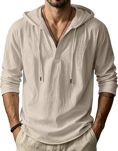 Vista 11 de Sudaderas con capucha de lino y algodón para hombre, estilo casual, manga larga, con botones, ligeras, informales, hawaianas, para la playa