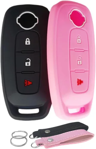 Vista 5 de Funda de silicona para llavero sin llave, compatible con Nissan Pathfinder Rogue 2023 2024 - 3 botones (negro con blanco)