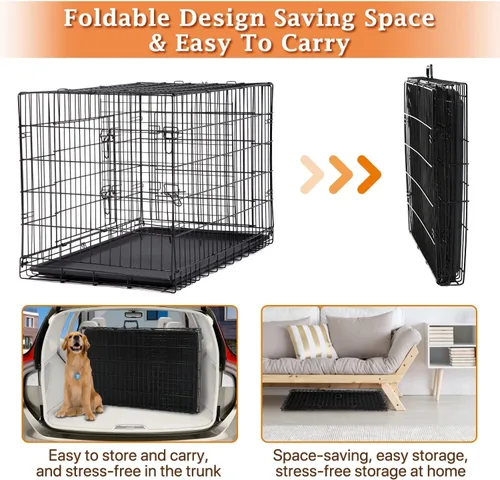 Vista 7 de Jaula para perros extra grande de 48 pulgadas, diseño de doble puerta a prueba de fugas con panel divisor, plegable con bandeja extraíble, uso
