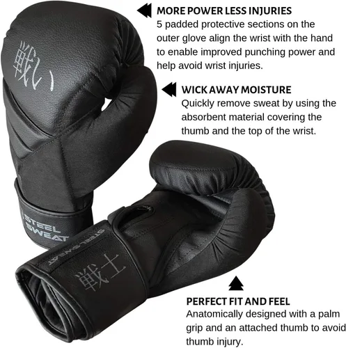 Vista 4 de Steel Sweat Guantes de boxeo – Guantes de entrenamiento para boxeo, sparring, kickboxing y Muay Thai – Hombres y mujeres – Senshi Black 10 oz