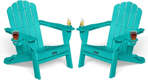 Vista 25 de Silla Adirondack plegable, silla Adirondack de HDPE con 2 soportes para tazas, sillas para fogatas al aire libre de fácil montaje para patio