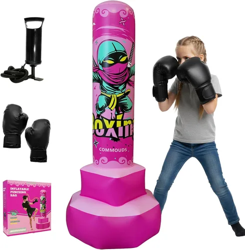 Vista 9 de COMMOUDS Saco de boxeo de 67 pulgadas para niños, juego de boxeo inflable con guantes, saco de boxeo de rebote rápido para practicar karate