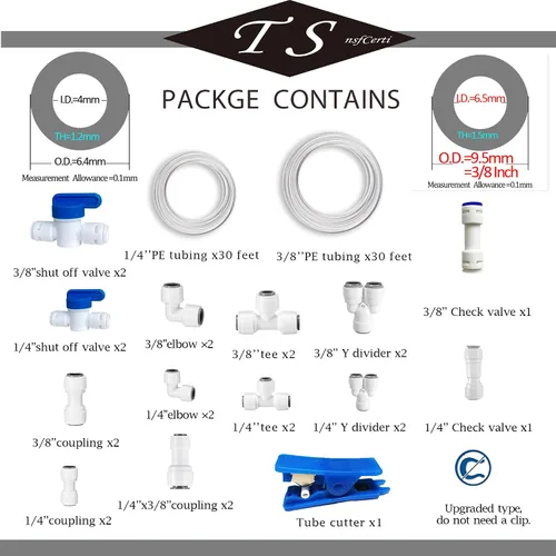 Vista 2 de NSF 1/4" y 3/8" Tubo de línea de agua y accesorios de conexión por empuje para filtro de agua de ósmosis inversa RO, 25 piezas de conectores + 30