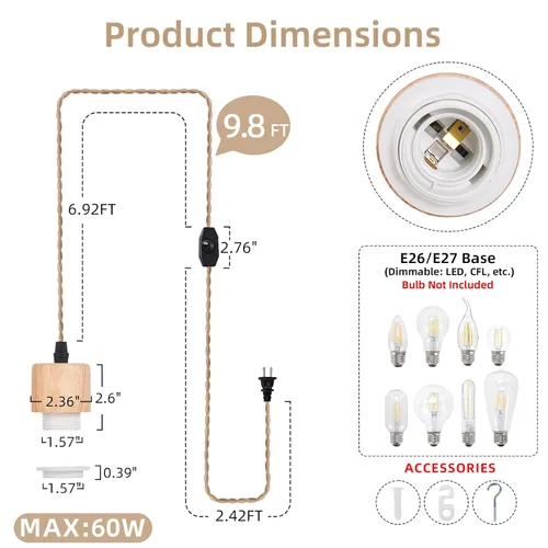 Vista 4 de Arturesthome Kit de cable de luz colgante de 9.8 pies con interruptor regulable, lámpara vintage, cable de nailon trenzado E26 E27, casquillo