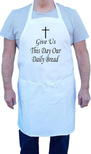 Vista 2 de CoolAprons Delantal cristiano Give Us This Day Our Daily Bread, delantales de cocina blancos, lazos extra largos