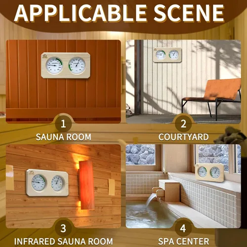 Vista 3 de Termómetro e higrómetro de sauna 2 en 1, termómetro de sauna ajustable de pino, termómetro de sauna de calibre Fahrenheit para sala de sauna