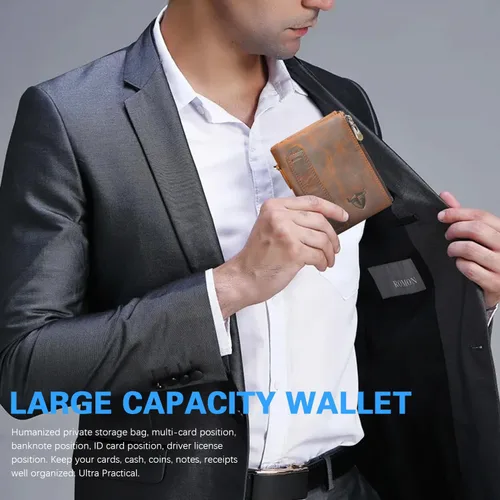 Vista 7 de Handadsume Genuino caballo loco cuero viaje regalo moneda bolsillo tarjeta caso largo organizador cadena Rfid monedero con broche para hombres
