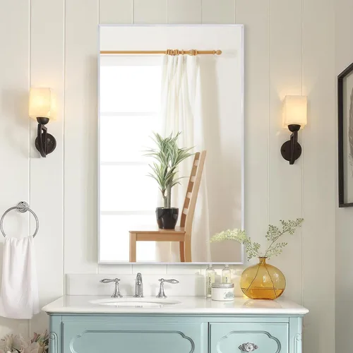 Vista 18 de 24x24 Inch Black Bathroom Mirror for Wall, Aluminum Frame Rectangle Rectangular Vanity Mirror, Modern Large for Bedroom, Living Room, Horizontal or