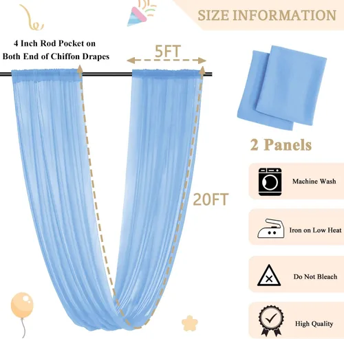 Vista 6 de MODFUNS Cortinas de boda para decoración de techo, cortinas de arco de boda azul bebé, 5 x 20 pies, 2 paneles de gasa transparente, cortina de tul