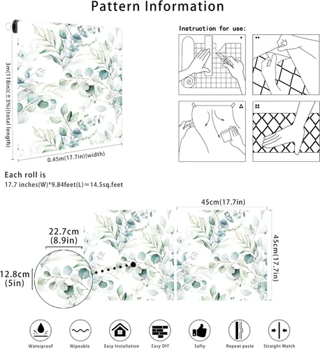 Vista 9 de Floralplus Papel tapiz autoadhesivo de hojas de eucalipto bohemio para baño, apto para inquilinos, papel tapiz extraíble, papel adhesivo adhesivo